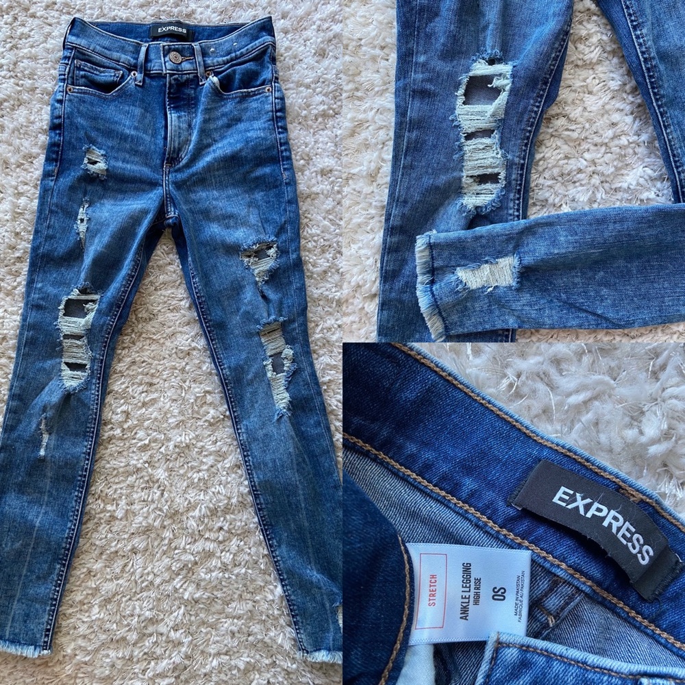 High Wasted Distressed Ankle Jean Leggings